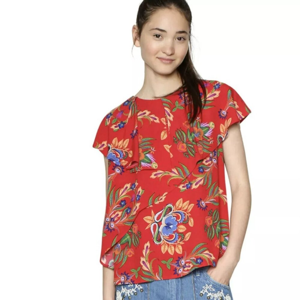 Desigual Classic Blouse Top Sz M Sleeveless Asymmetrical Flared Cape Collar